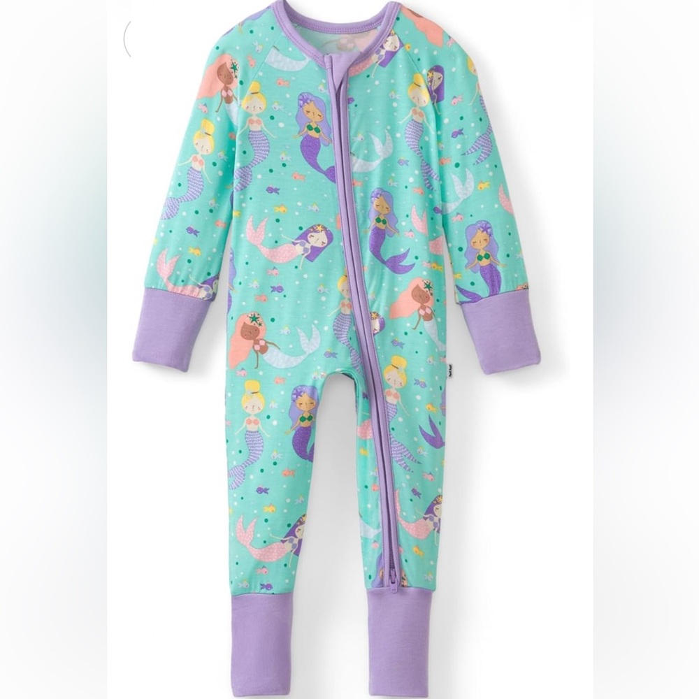 Little Sleepies Mermaid Magic Zippy 6-12M Bamboo Footie EUC + Matching Headband
